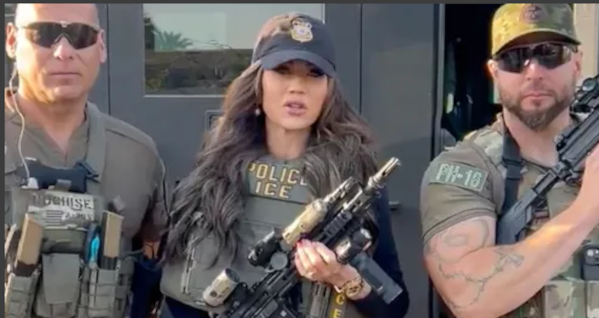 Department of Homeland Security Secy Kristi Noem pictured in LEO gear with automatic rifle