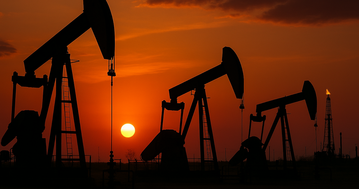 image of oil field equipment working while the sun sets in the background.