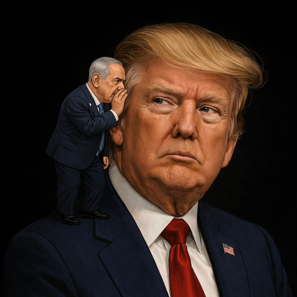 A tiny Israeli PM Netanyahu stands on the shoulder of US President Trump and whispers in his ear
